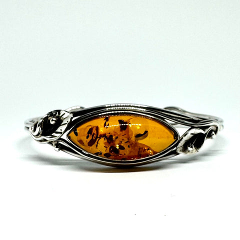 Amber and Silver Cuff Bracelet with Lilies