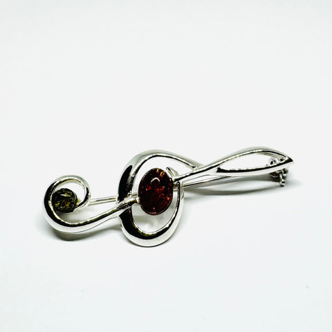 Treble Clef Pin in Silver and Amber