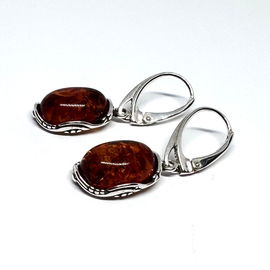Amber Earrings with a Wave of Filigree in Silver