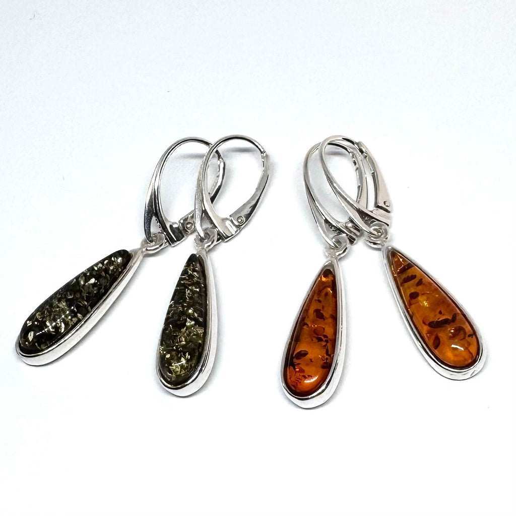 Amber and Silver Long Drop Earrings (cognac or green)