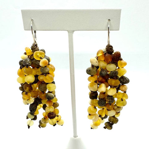 Multistrand Earrings of Amber Beads in Mat