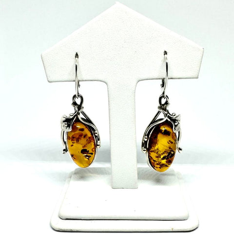 Large Amber and Silver Earrings in Baroque Style