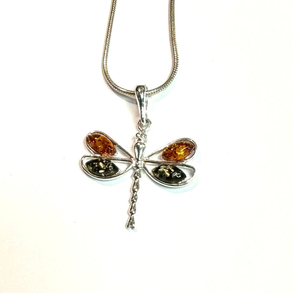 Dragonfly Pendant in Amber and Silver