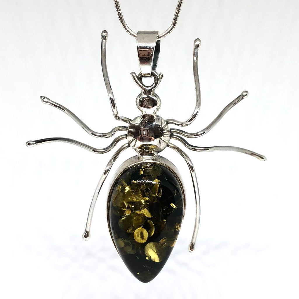 Green Amber Spider Pendant in Silver