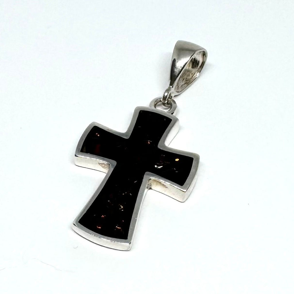 Silver Cross Pendant with Inlaid Amber