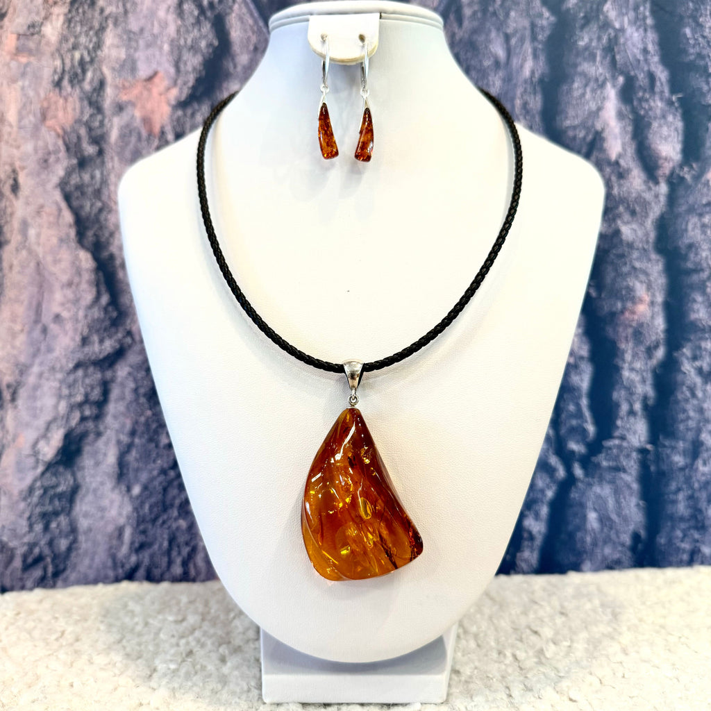 Large Baltic Amber Pendant and Earrings Set