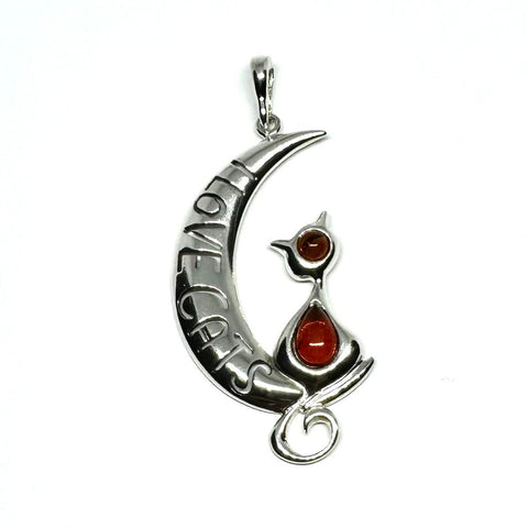 "I LOVE CATS" Pendant in Silver with Amber