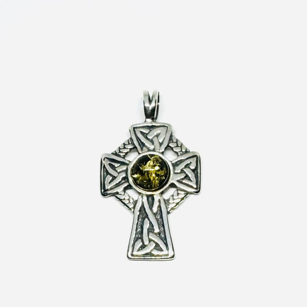 Celtic Cross in Silver with Green Amber