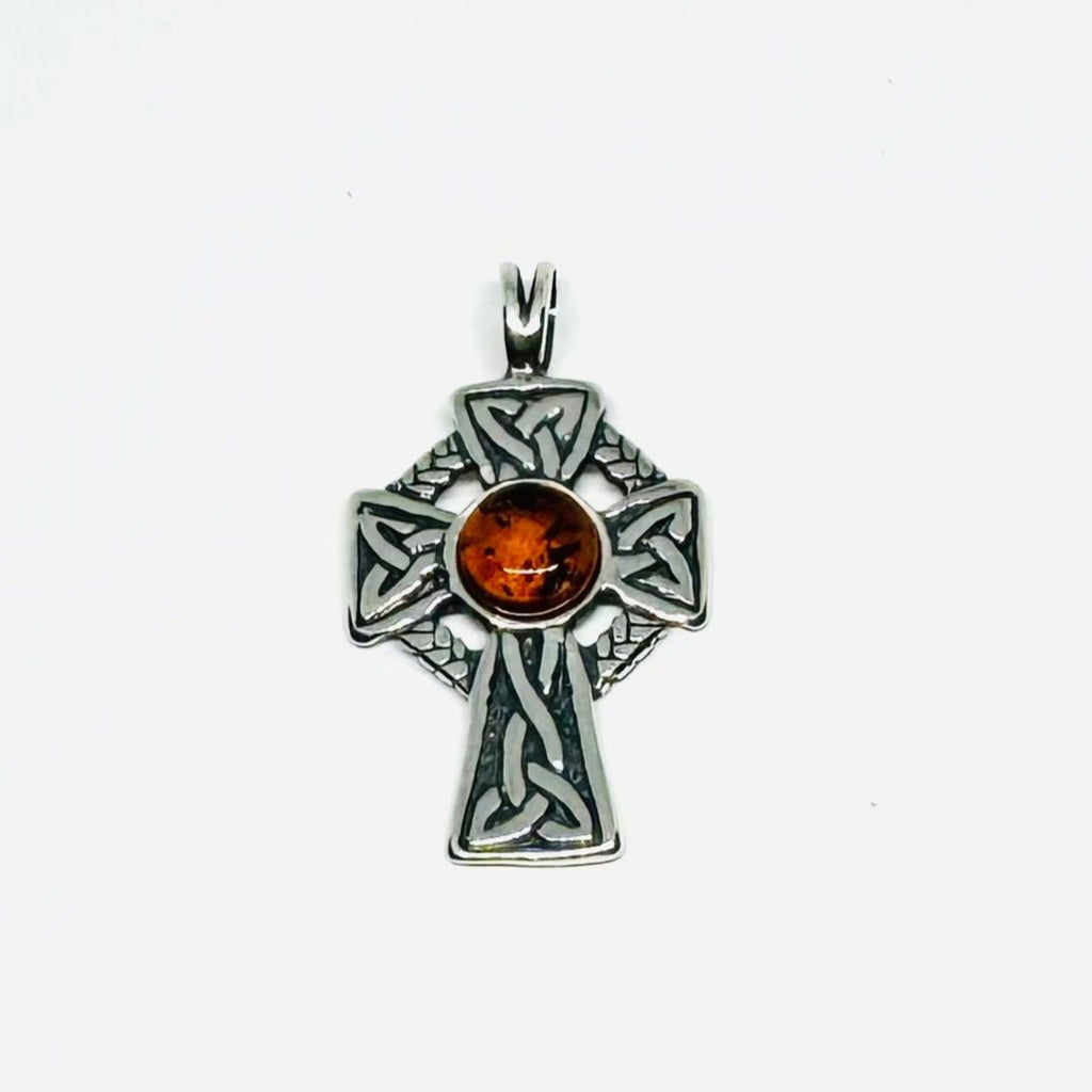 Celtic Cross Pendant in Silver with Amber
