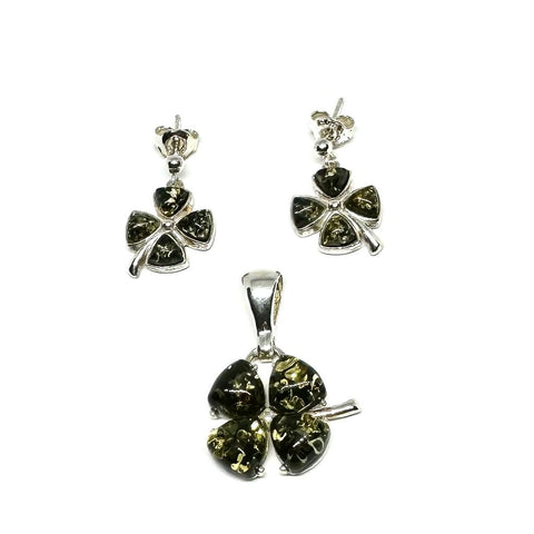 Set of Four-Leaf Clovers in Green Amber and Silver