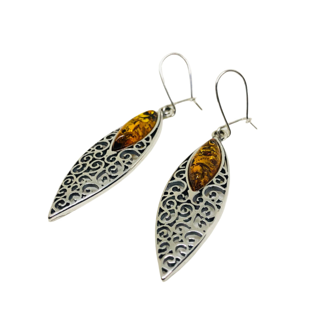 Amber and Silver Marquis Earrings in Wide Filigree Setting