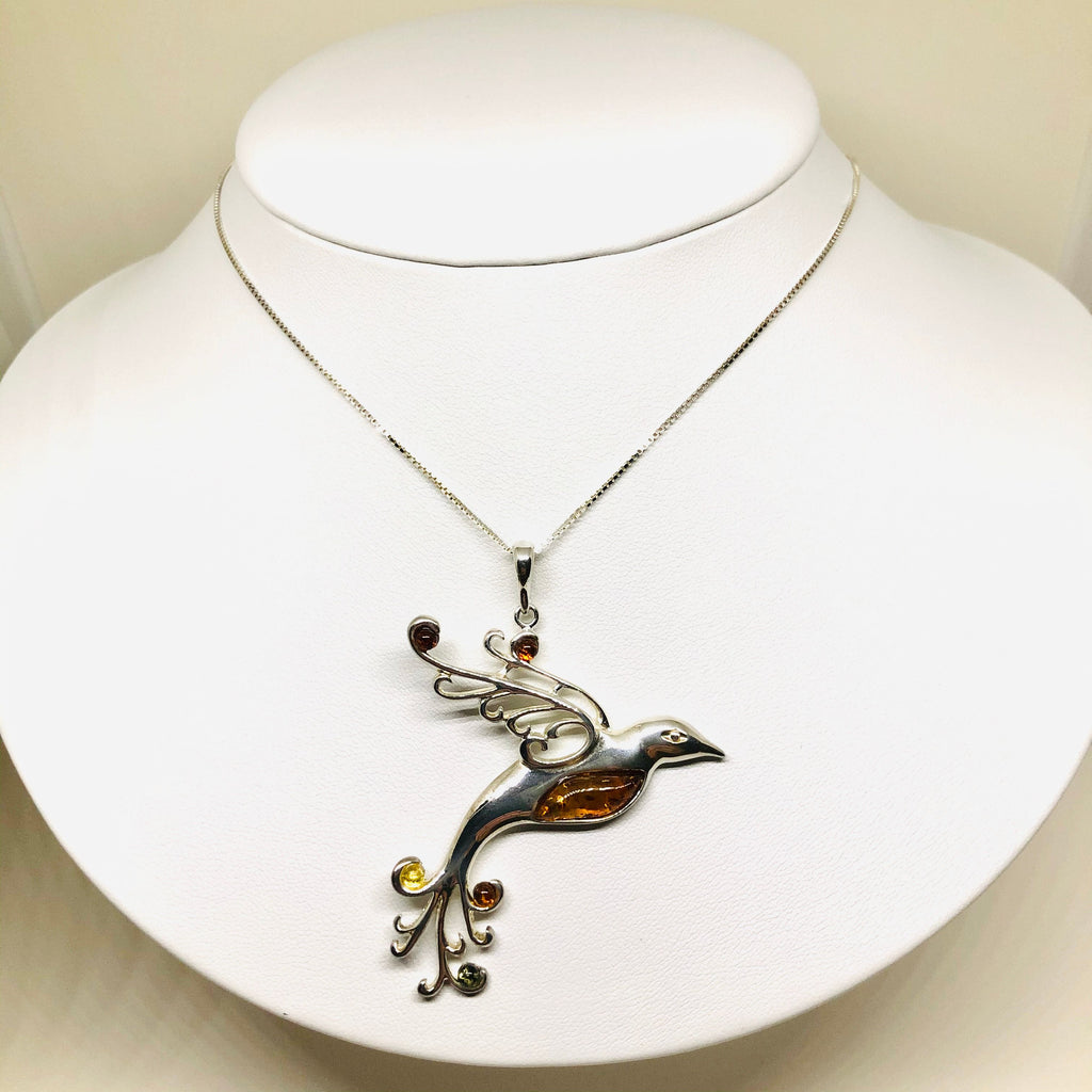Large Hummingbird Pendant in Amber and Silver