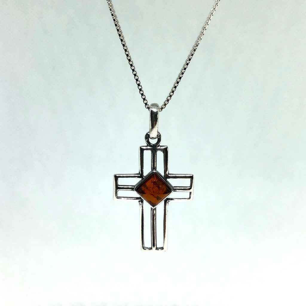 Silver Cross with Amber in Diamond Shape