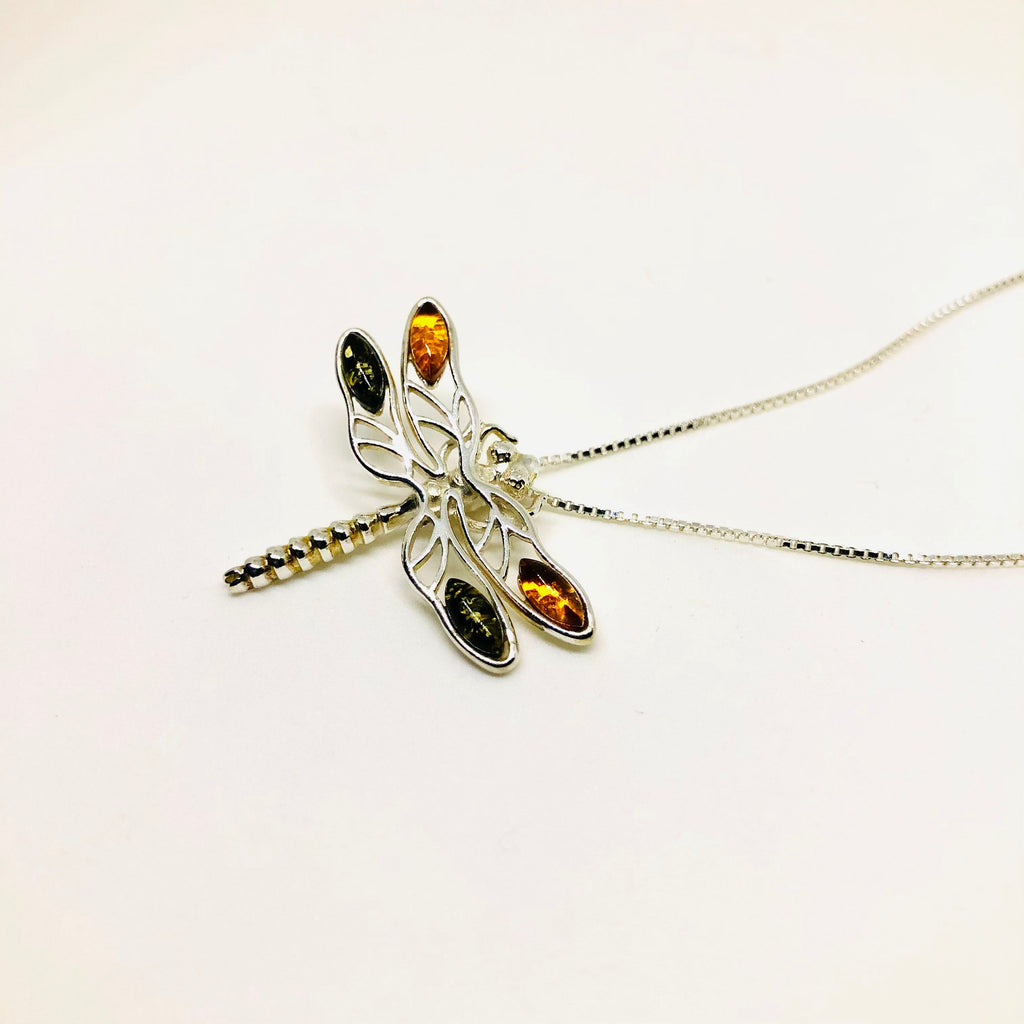 Dragonfly Pendant in Silver and Amber