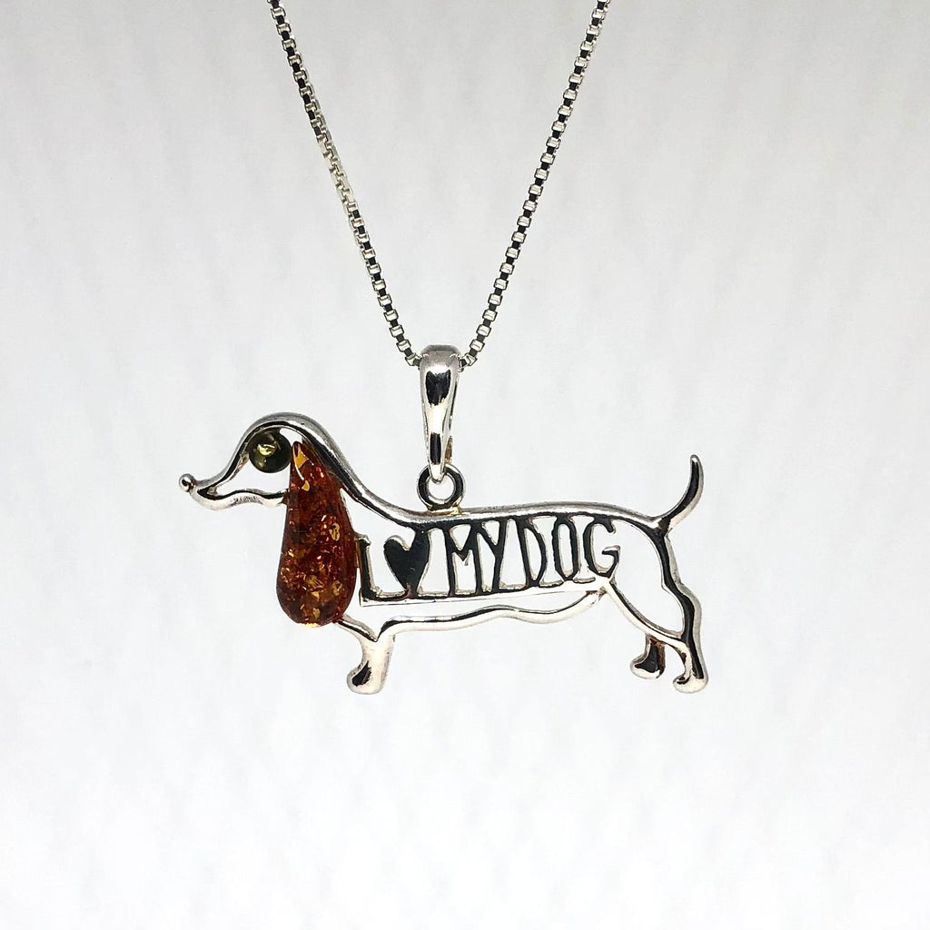 Silver "I Love My Dog" Pendant with Amber