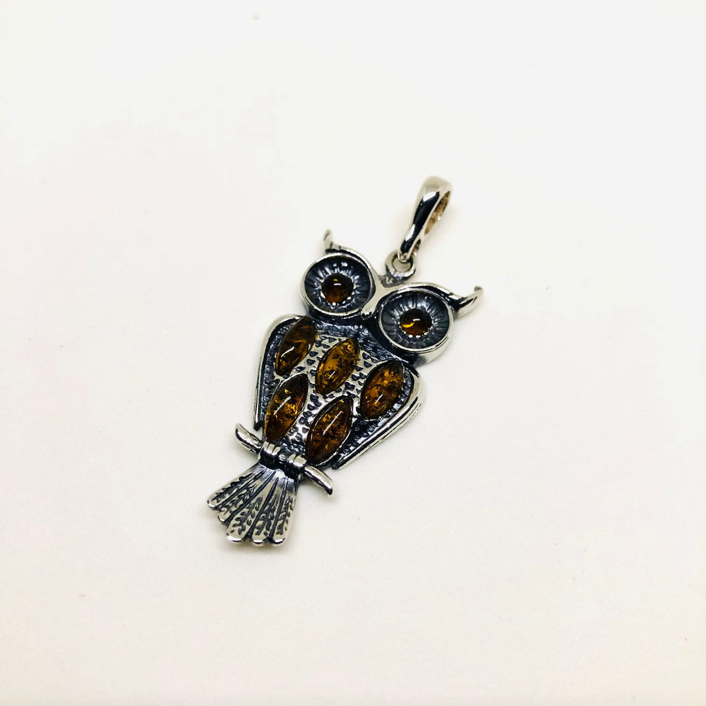 Owl Pendant in Silver with Amber