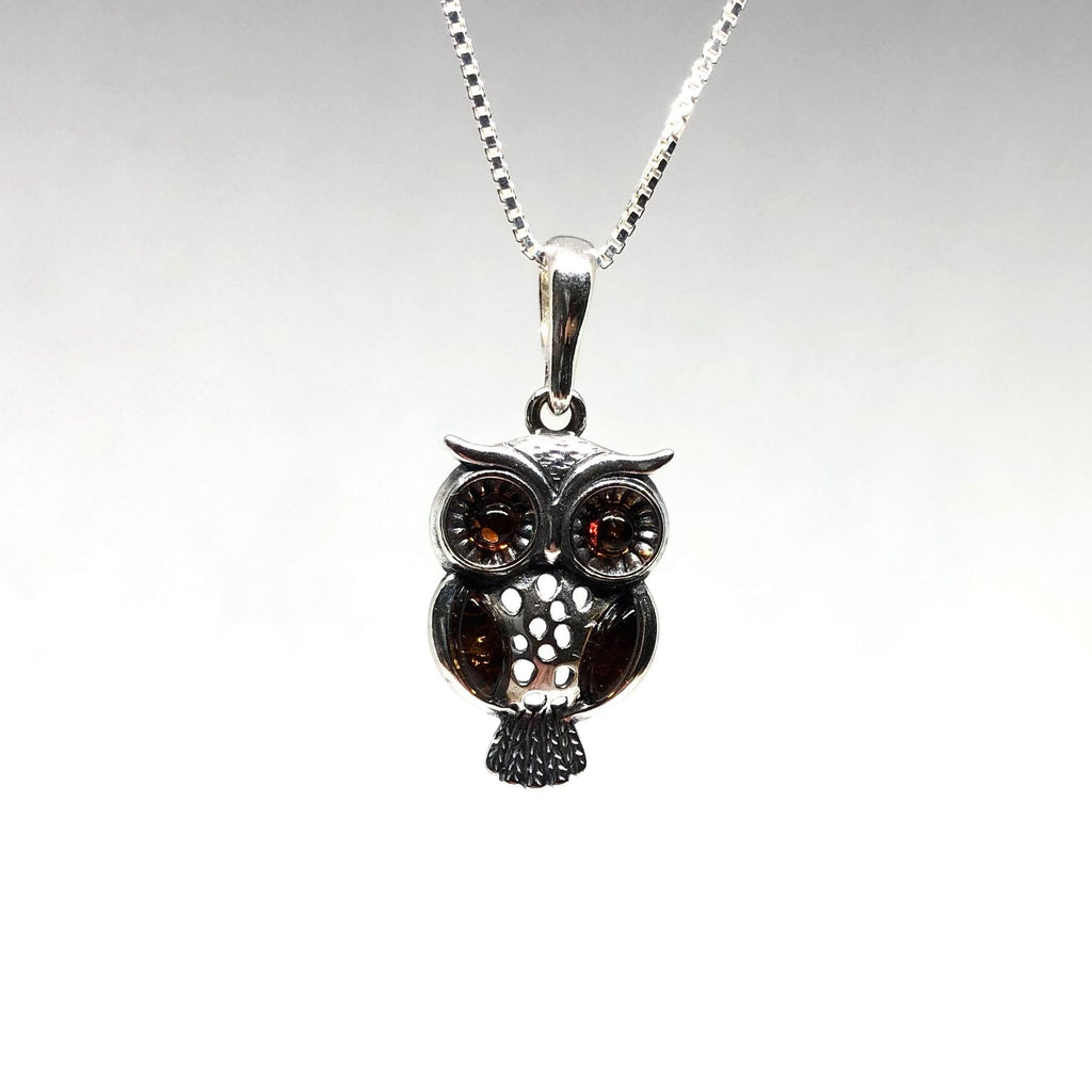 Owl Pendant in Silver with Amber