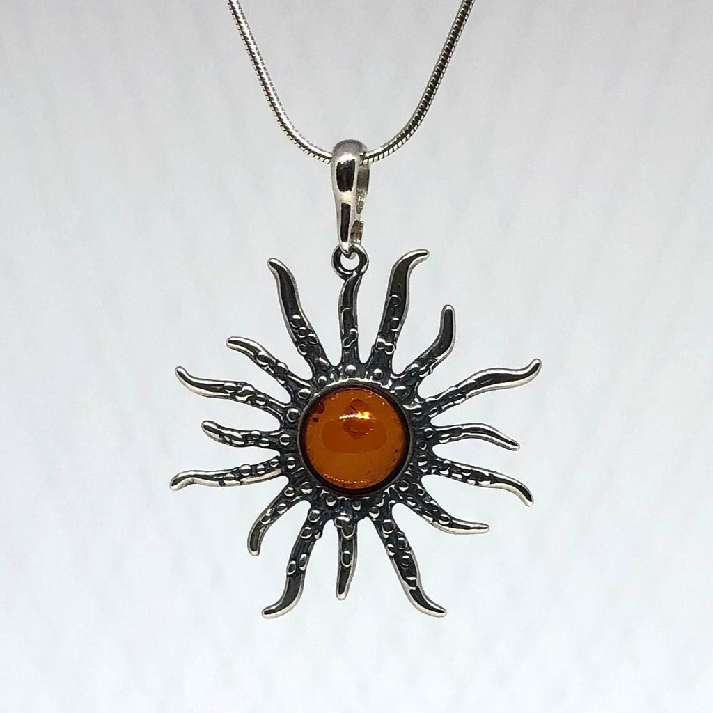 Sun Pendant in Oxidized Silver with Amber
