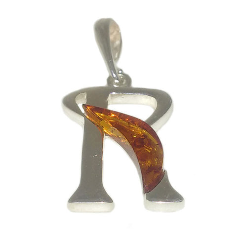 Amber and Silver Pendant - Initial "R"