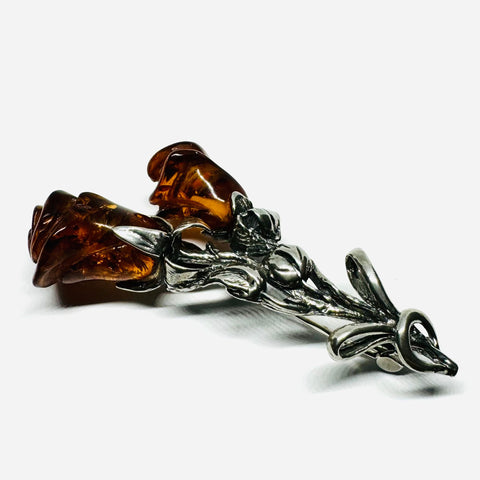2 Roses Brooch in Silver an Amber
