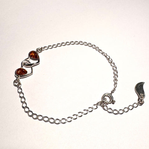 2 Hearts Delicate silver Bracelet with Amber
