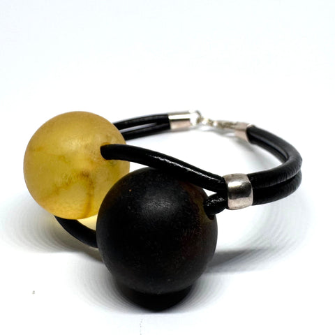 Two Amber Balls Bracelet on Leather (black and citrine in mat)