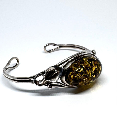 Amber and Silver Cuff Bracelet with Lilies (green)