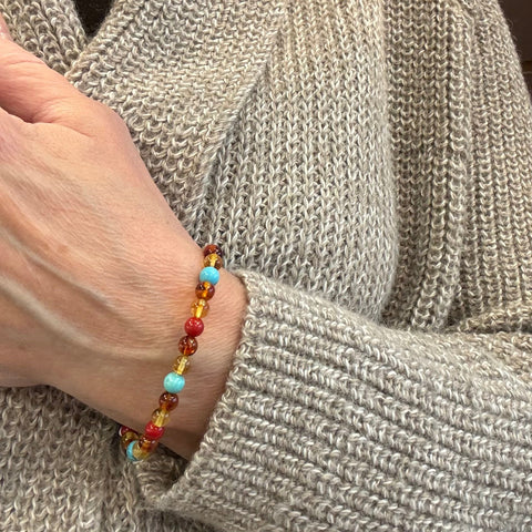 Amber Ball Bracelet with Turquoise and Coral