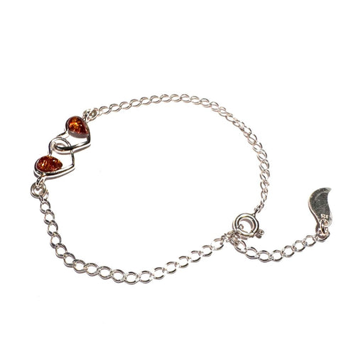 Two Hearts Delicate Silver Bracelet with Amber