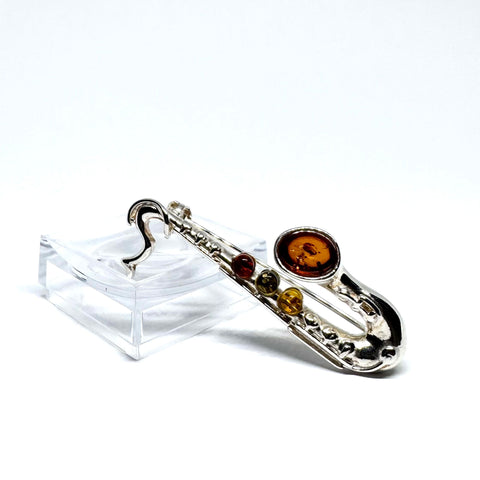 Saxophone Pin in Silver and Amber