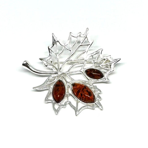 Maple Leaf Silver Brooch with Cognac Amber