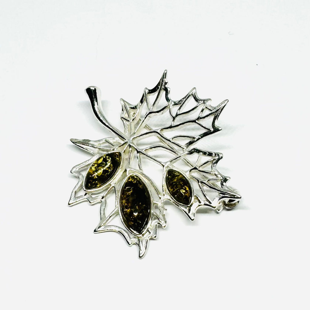 Maple Leaf Silver Brooch with Green Amber