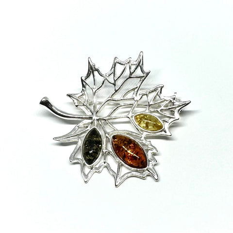 Maple Leaf Silver Brooch with Multicolour Amber