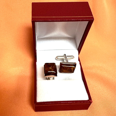 Amber and Silver Cufflinks in Cognac Colour