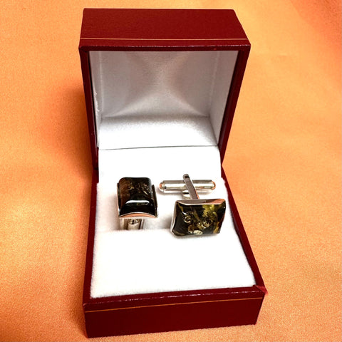 Amber and Silver Cufflinks in Green Colour