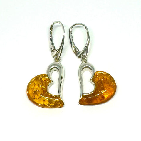 Amber and Silver Large Heart Earrings
