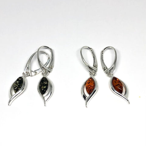 Amber and  Silver Delicate Modern Earrings in Green and Cognac