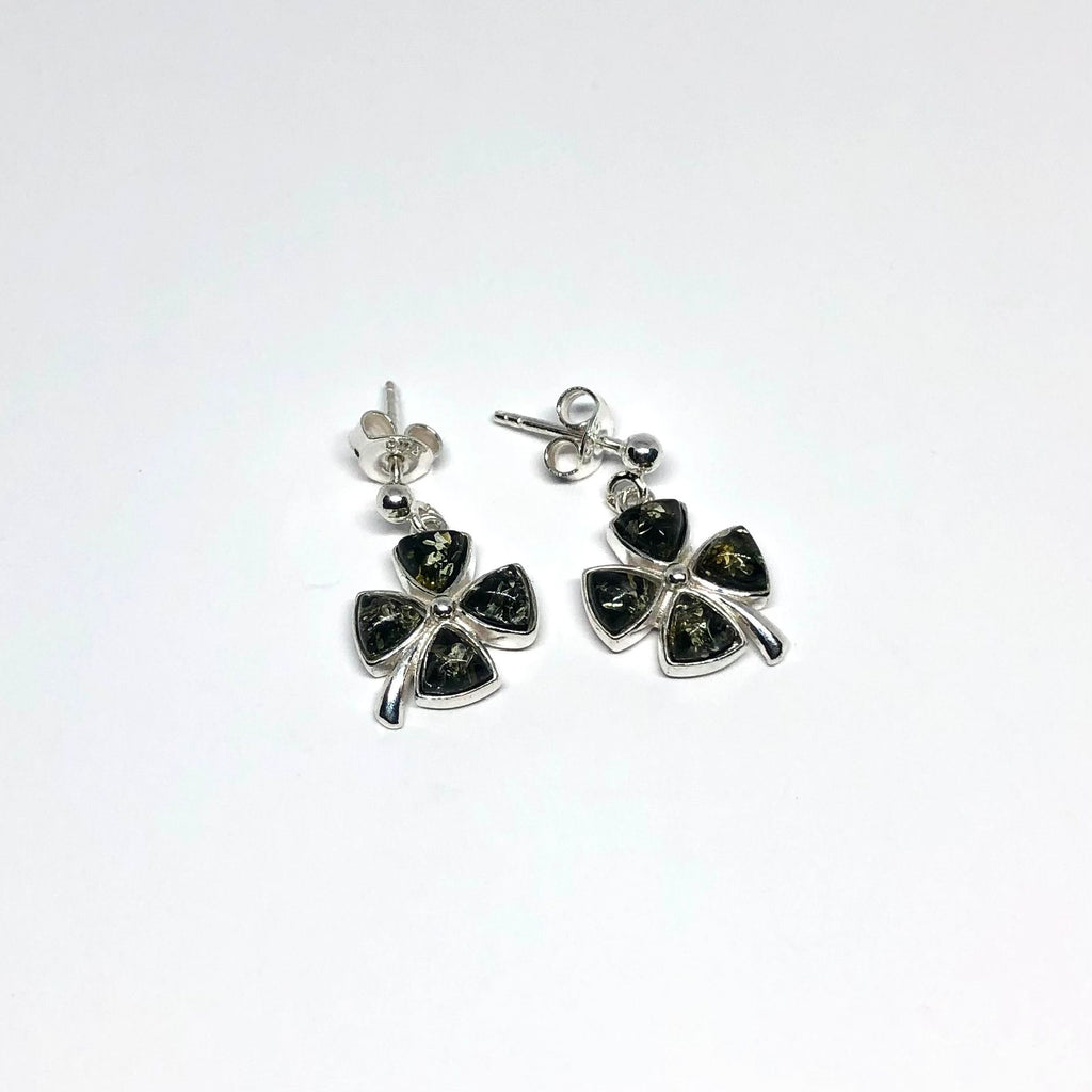 Clover Earrings in Silver and Green Amber