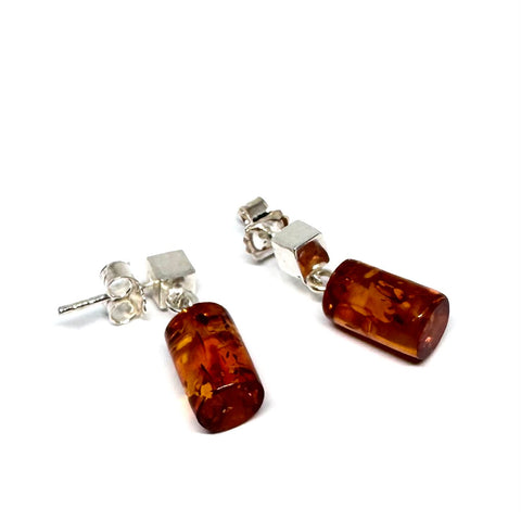 Amber and Silver Cylinder Earrings
