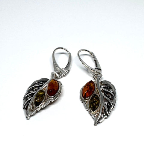 Leaf Earrings in Silver with Amber