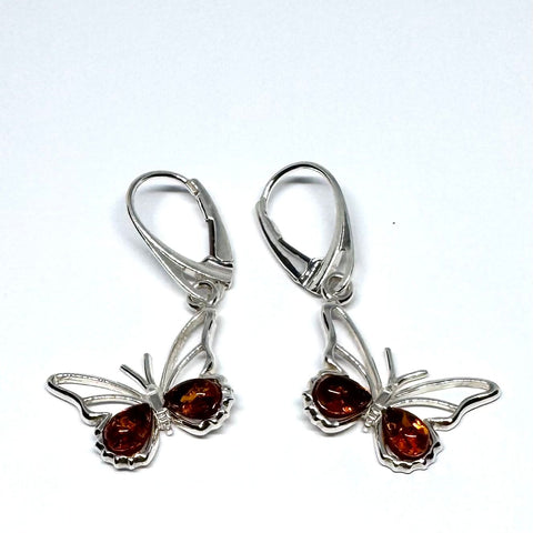Butterfly Hanging Earrings in Silver with Amber