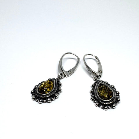 Green Amber Drop Earrings in Silver Crown