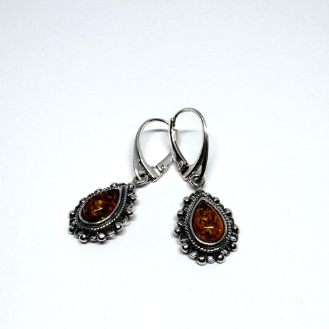Amber Drop Earrings in Silver Crown