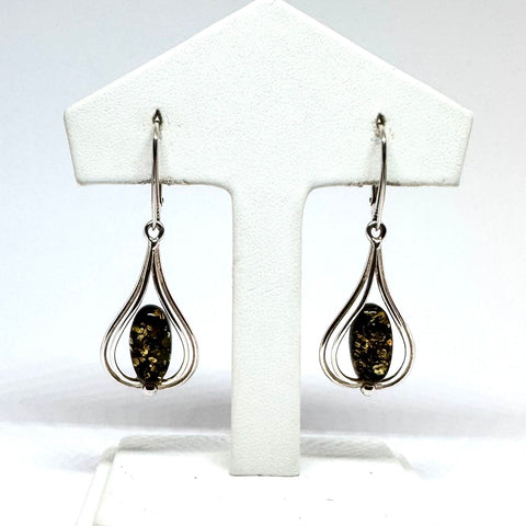 Large Silver Pear-Shape Earrings with Amber (cognac or green)