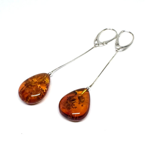 Amber Drop Earrings on Long Chains