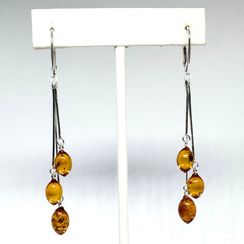 Amber Drop Earrings on Three Long Chains