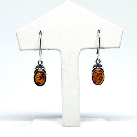 Simple Amber Hanging Earrings with Silver Leaves