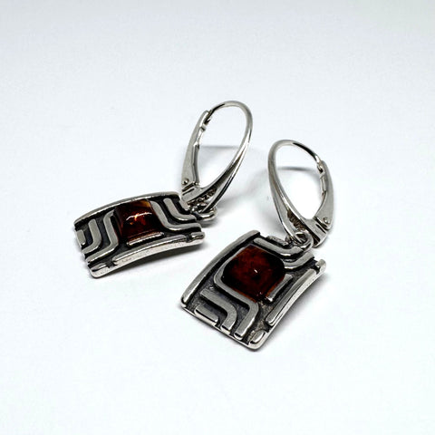 Rectangular Silver Earrings with Amber