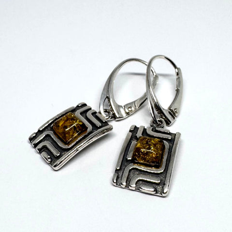 Rectangular Silver Earrings with Amber