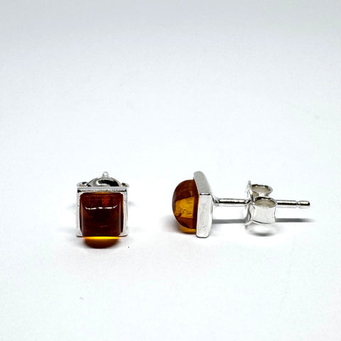 Small Amber Square Stud Earrings in Silver